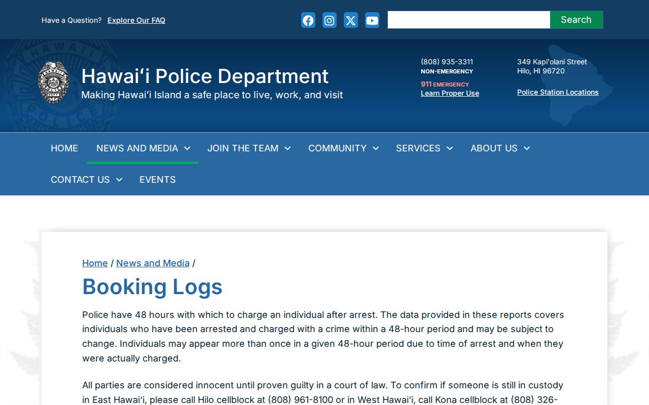 Hawaii County 48-hour booking report page