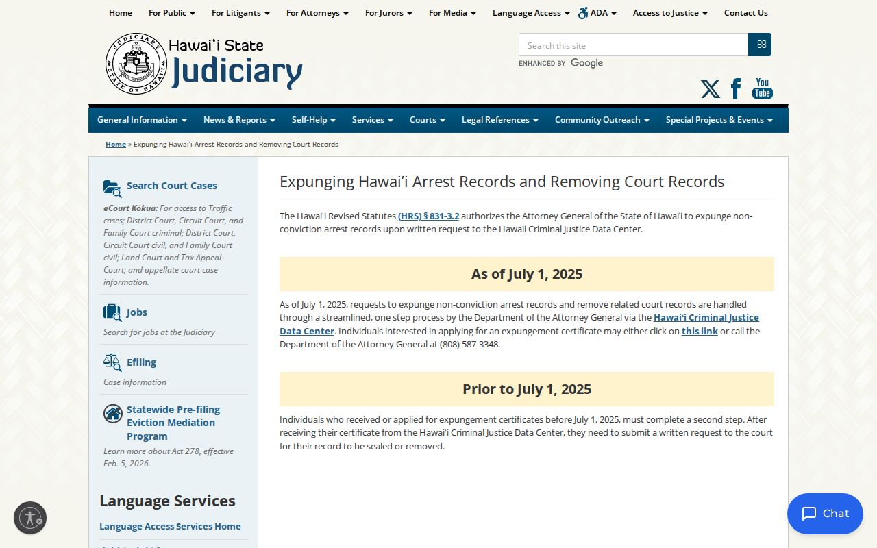 Hawaii Judiciary court-record sealing after expungement