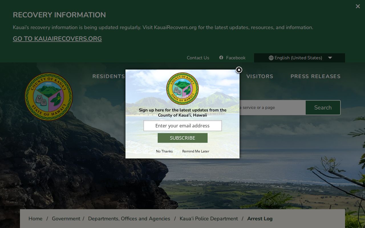 Hawaii Kauai daily arrest-log PDF interface