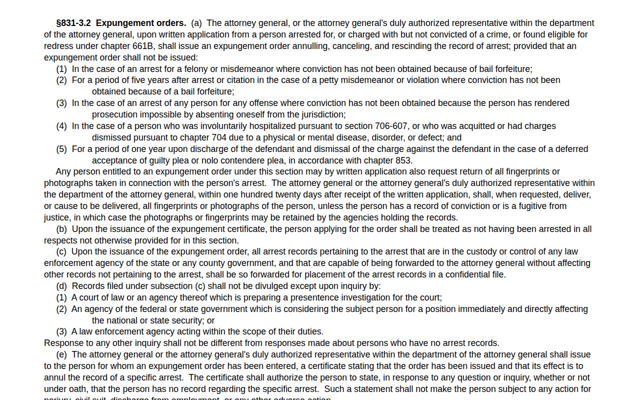 Hawaii expungement statute eligibility and photo-return rules