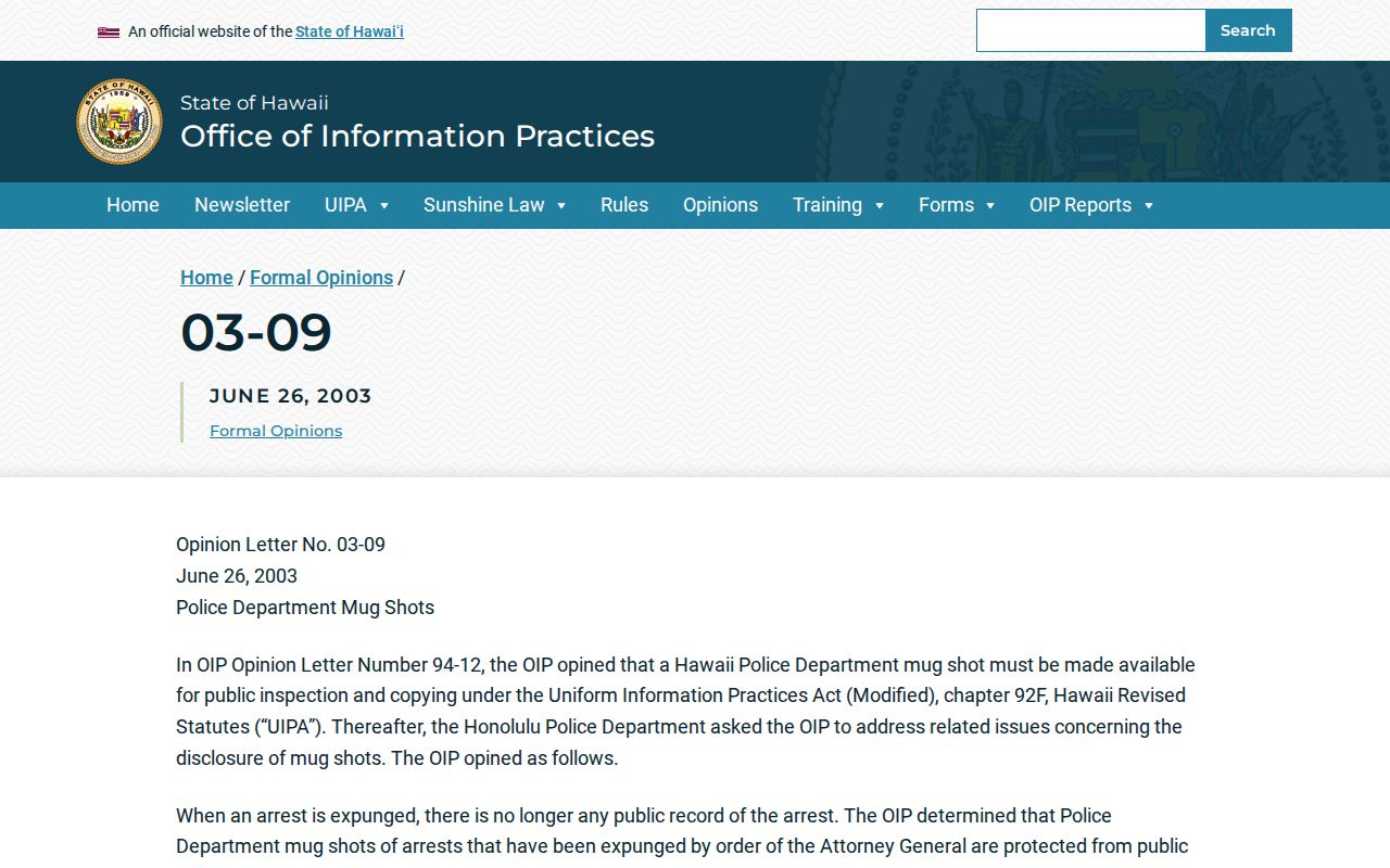 Hawaii OIP opinion about expunged mugshots and juvenile records