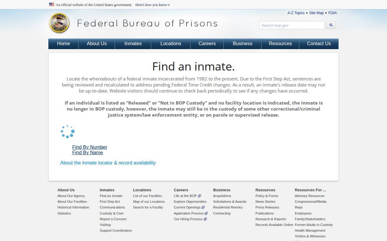 Hawaiʻi federal Bureau of Prisons inmate custody locator interface