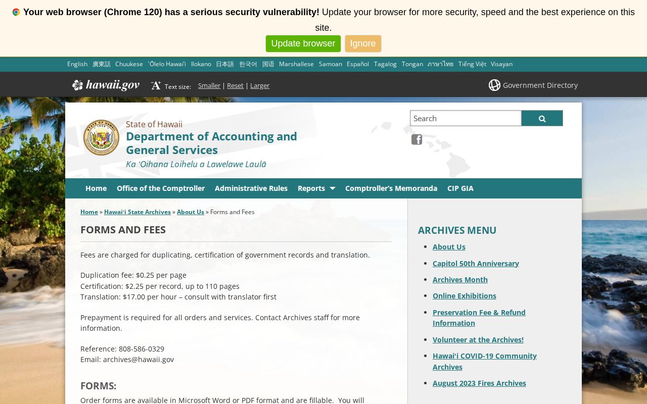 Hawaii State Archives order and scan forms with published copy fees