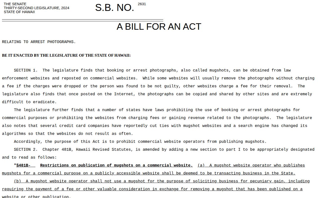 Hawaii Senate Bill 2631 proposed arrest-photo language