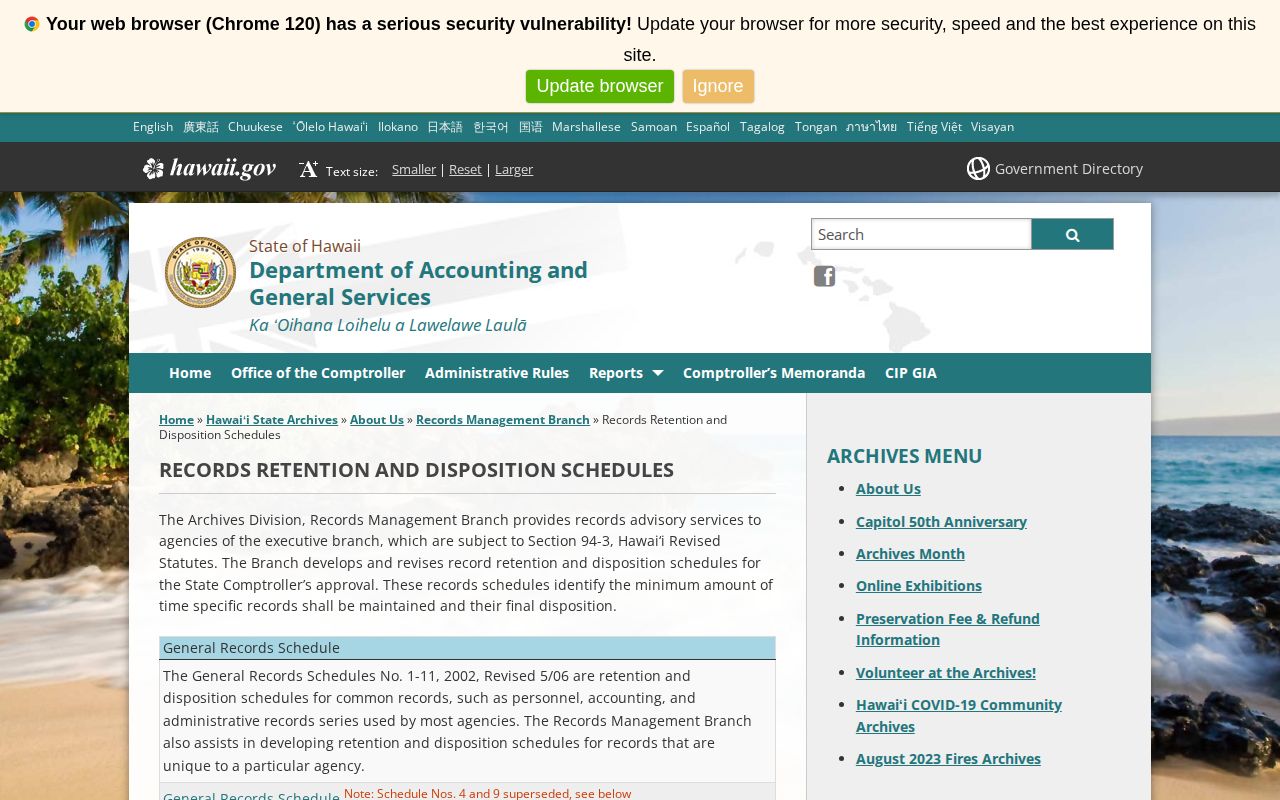 Hawaii State Archives retention schedule index for record series