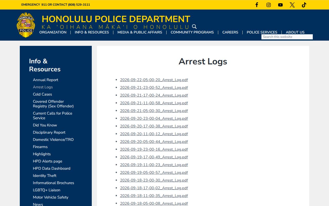 Hawaii Honolulu adult arrest log search interface